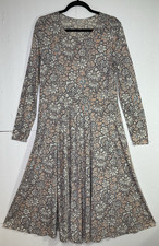 PERUVIAN CONNECTION L Long Sleeve Stretch Midi Dress Floral Full Skirt EUC