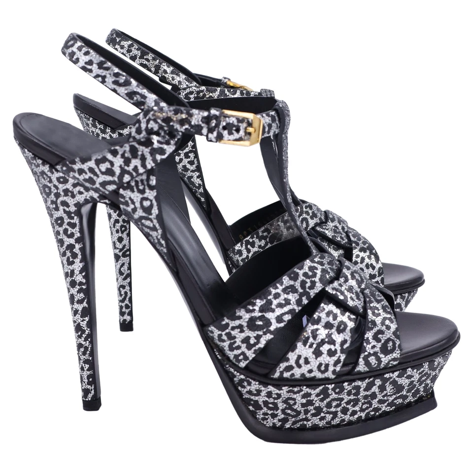 Saint Laurent Tribute Leopard Print T-Strap Platform Heels In Silver Lea Size