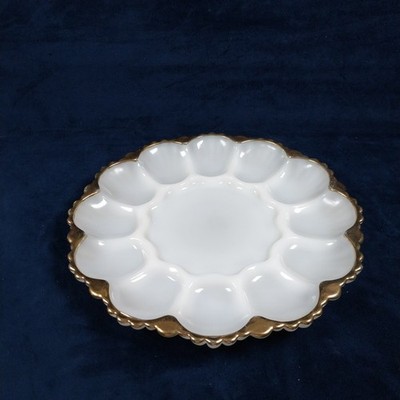 Vintage Anchor Hocking Gold Trimmed Milk Glass Deviled Egg Platter 9.5''