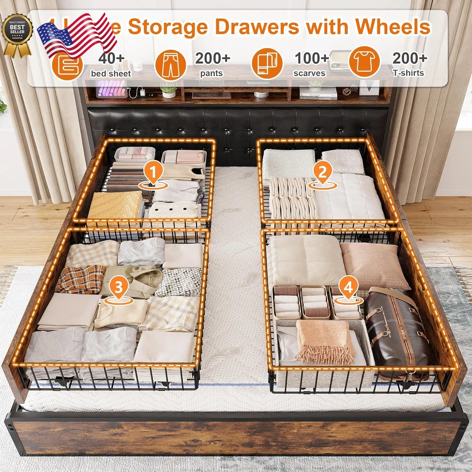 Marco de cama king size con 4 cajones de almacenamiento marco de cama king y cabecero tapizado Foto 3 de 4