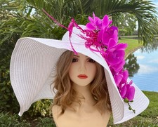 Huge Kentucky Derby Hat White Hot Pink Flowers