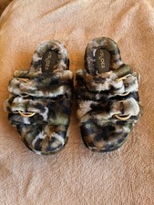 J Slides NYC Brooke Genuine Shearling Platform Slippers Green Camo Size 9