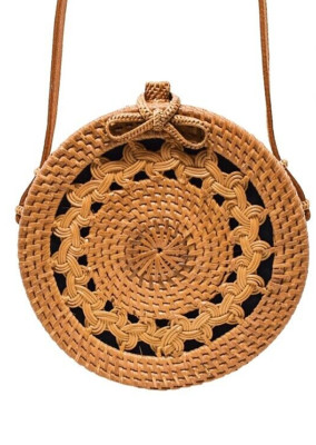 New Poppy + Sage Fiona Rattan Handbag Round Crossbody Woven Straw Boho Bag 8''