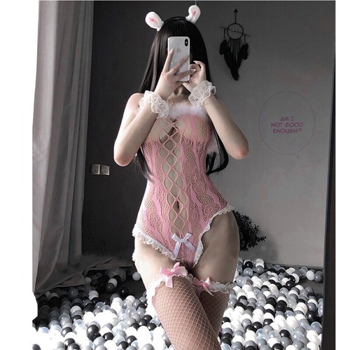 Fishnet Bunny Girl Lace Costume Kawaii Rabbit Fur Bodysuit Lingerie Cosplay - Bild 2 von 8