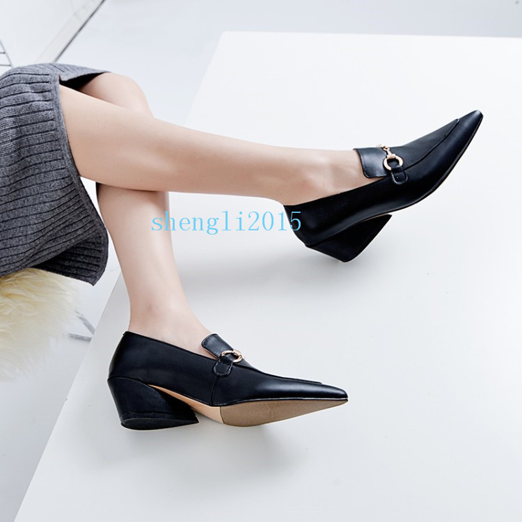 Nuevos Mocasines de Cuero Moda Puntera Puntiaguda Bloque Talón De Cuero de Mujer Zapatos metálico antideslizante en 48ba8e Nuevos Mocasines de Cuero Moda Puntera Puntiaguda Bloque Talón De Cuero de Mujer Zapatos metálico antideslizante en 48ba8e