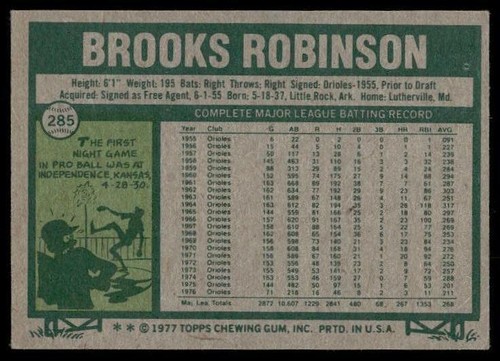 1977 Topps #285 Brooks Robinson EX/NM - Picture 2 of 2