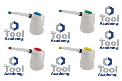 Fluid Oil Measuring Jug Set 4pc 5 litres 4x Coloured Pollutant Caps Flexi Spout