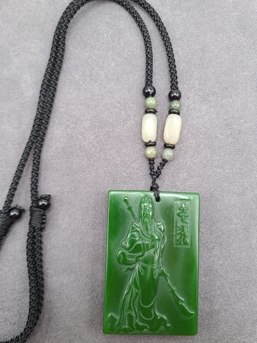 Jade Guan Yu Charm Pendant Necklace W/ Beads Cord Handmade Carved Green Gemstone - Picture 3 of 6