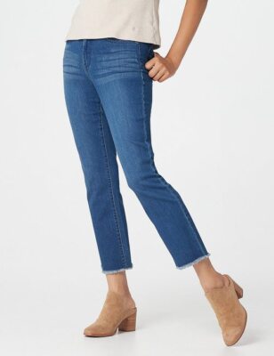 Issac Mizrahi Medium Indigo Regular TRUE DENIM Straight Leg Frayed Jeans New