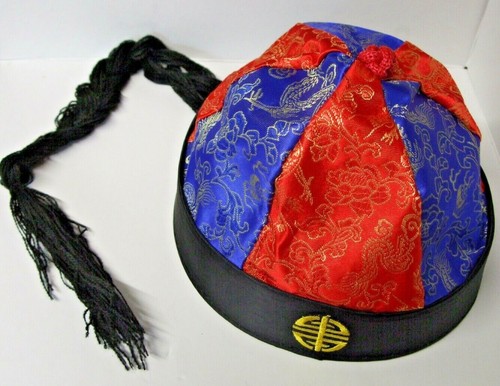 Red & Blue Childs Chinese Hat With Long Tassel - Fancy Dress Halloween - Picture 2 of 4