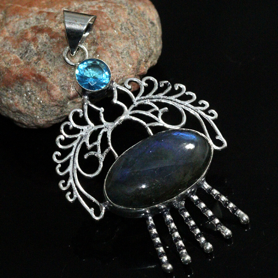 925 Silver Plated Fiery Labradorite Blue Topaz Pendant Jewelry Size 2.7