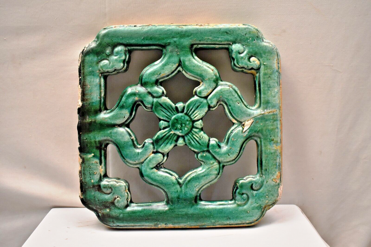 Antique Chinese Jade Breezeway Tiki Tile Turquoise