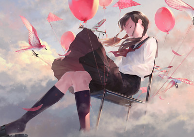 Anime girls sitting balloon birds twintails original Play Gaming Mat Desk