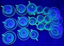 AKRO AGATE Green URANIUM GLASS Free Ship-[CHOICE] Cups Plates Tumblers Pitcher +