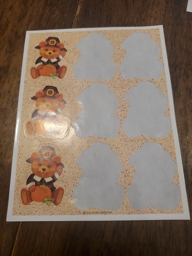 Vintage Thanksgiving Cute Pilgrim Bear w Pumpkin Stickers Hallmark 30ct New - Picture 4 of 16