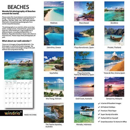 2025 Wall Calendar Beaches Theme Nov 2024-Dec 2025 12x24 In Thick Paper - Picture 2 of 7