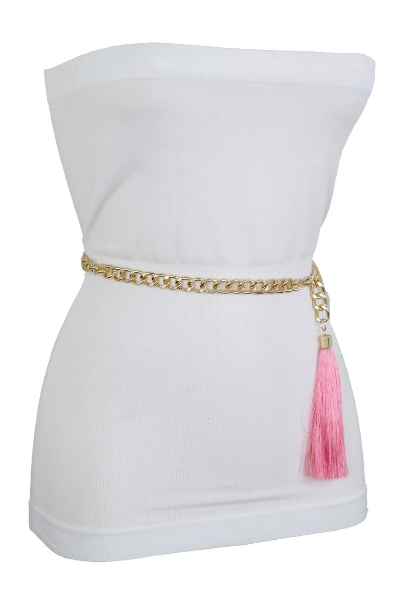 Women Belt Narrow Hip High Waist Gold Metal Chain Long Pink  display picture 1