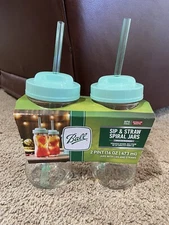 Ball USA Sip & Straw SPIRAL JARS Glass Drinkware W/ Plastic Lid Straw 16 Oz