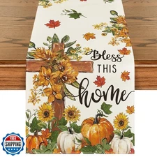 Artoid Mode Cross Pumpkins Fall Table Runner, Bless This Home Seasonal Autumn