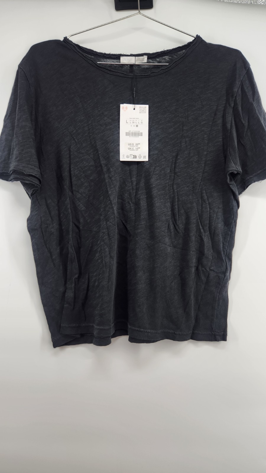 ZARA Women's Large Black Crewneck Short Sleeve T-Shirt Top NWT 100% Cotton