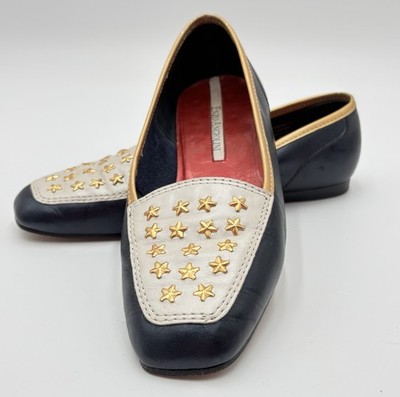 Enzo Angiolini Leather Flats 7.5M Black Gold Star Stud Loafers Italy Vero Cuoio