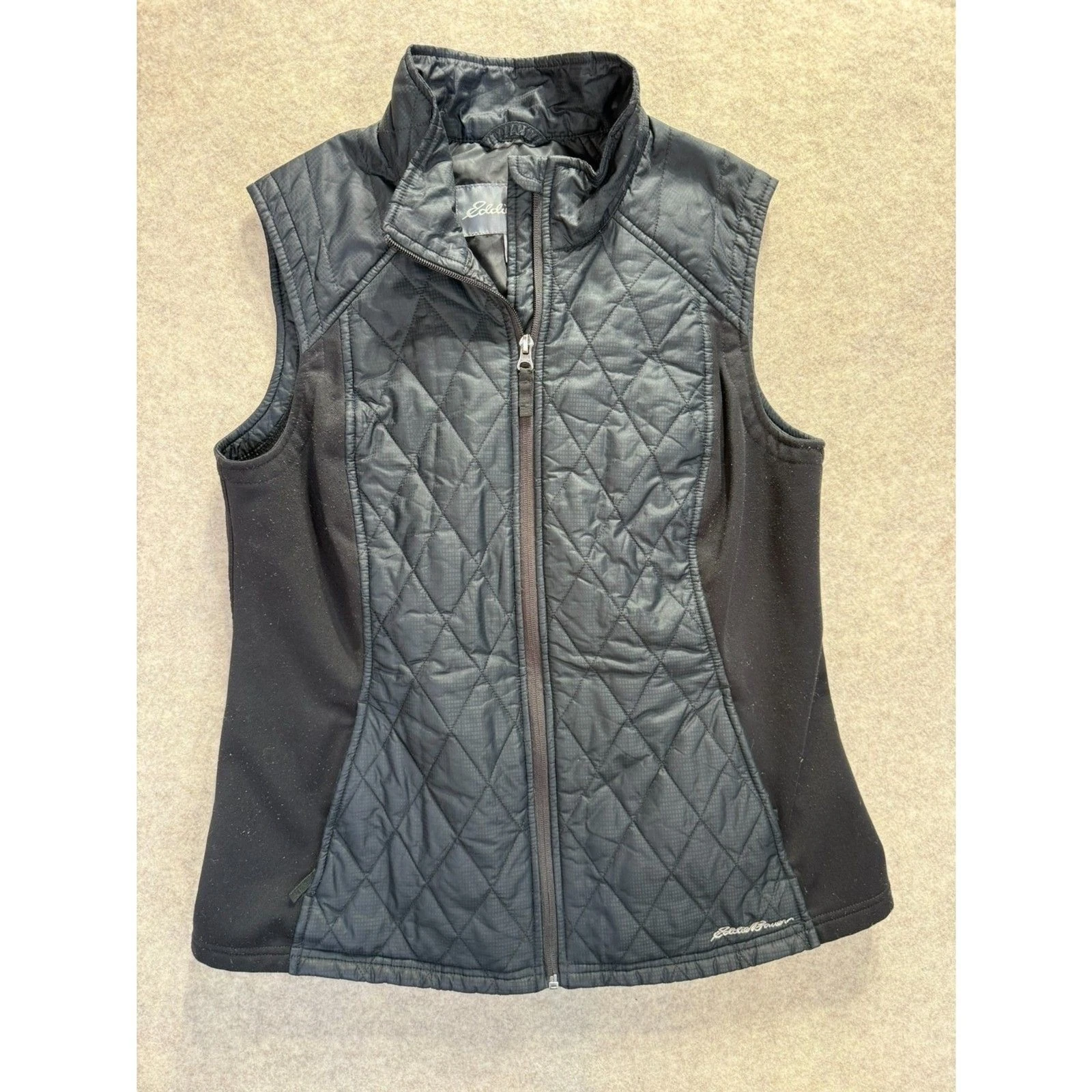 Eddie Bauer Womens Black Quilted Puffer Vest Stretch Side Panels Large Full Zip