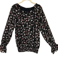 Sanctuary Women's Floral Blouse Black Long Sleeve Ruffle Cuff Top Size Medium