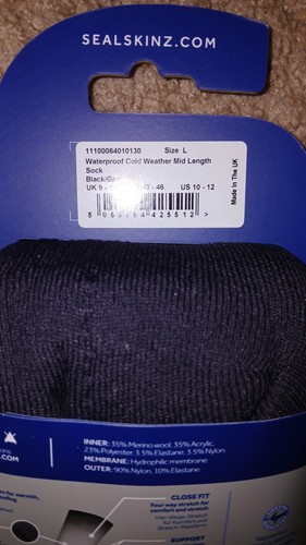 1 PAIR-SEALSKINZ- WATERPROOF COLD WEATHER MID LENGTH SOCKS-NEW-LRG 10-12-BLK/GRY - Picture 7 of 7