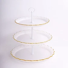 White Gold 15" Plastic 3 Tier Metallic Round Cupcake Display Tower Lace Cut Rim