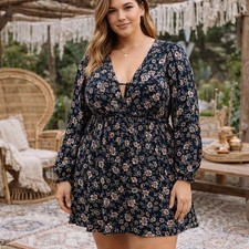 Wild Fable Floral Smocked V Neck Long Sleeve Tiered Dress Navy Pink XXL NWT