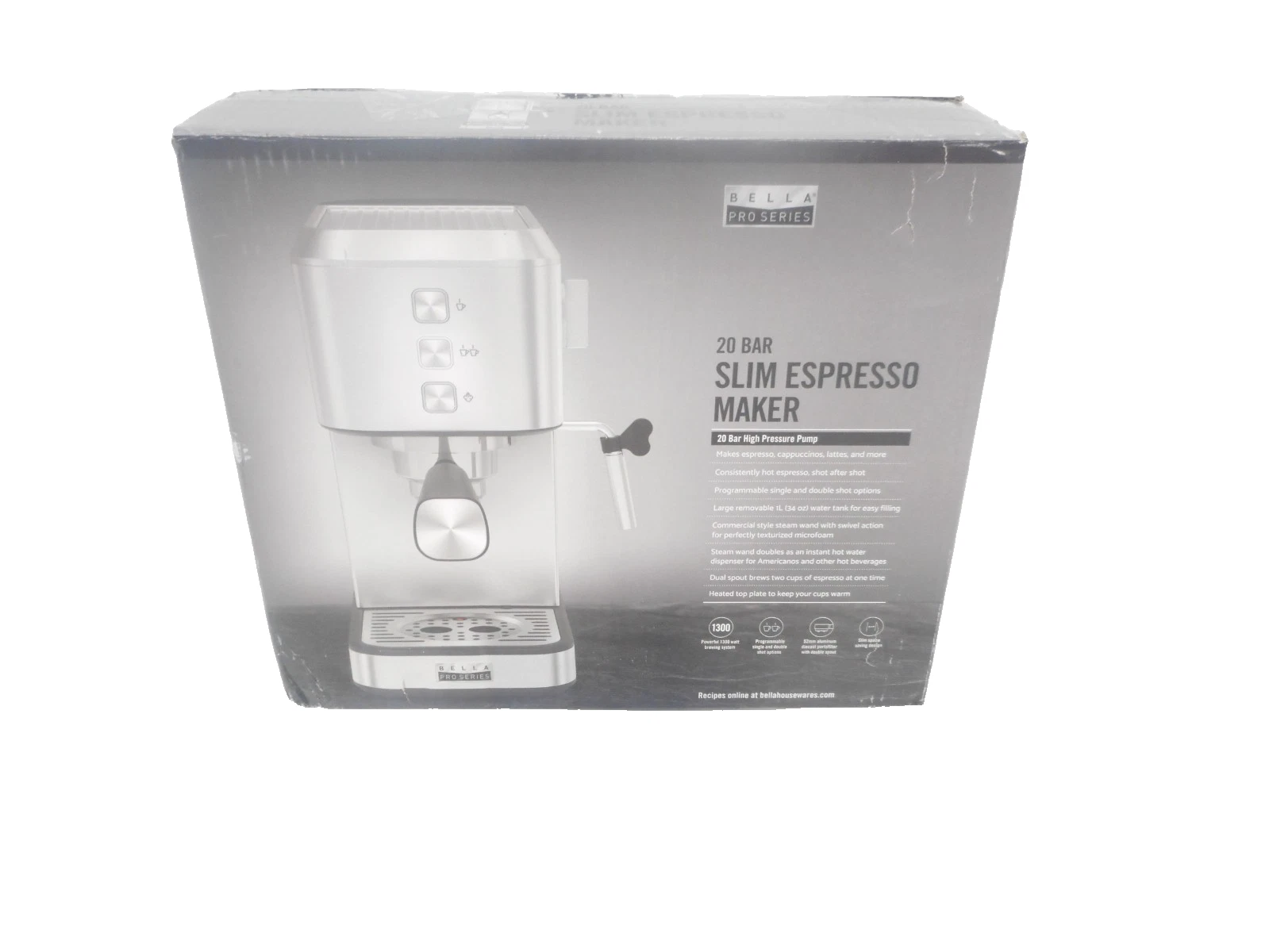 Bella Pro Series 20-Bar Slim Espresso Maker EM-2205B Stainless Steel New