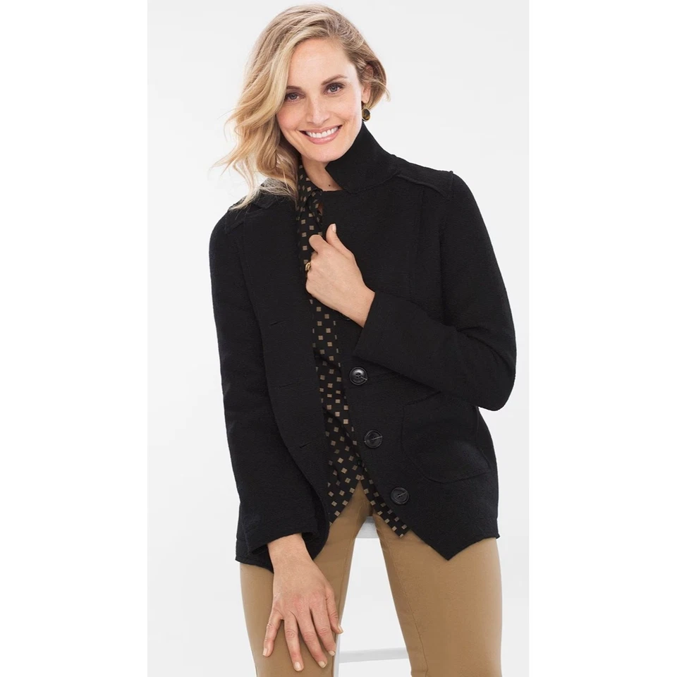 Chicos Boiled Wool Jacket Women Size Small Black Button Front Collared Warm Coat - Image 2 of 4