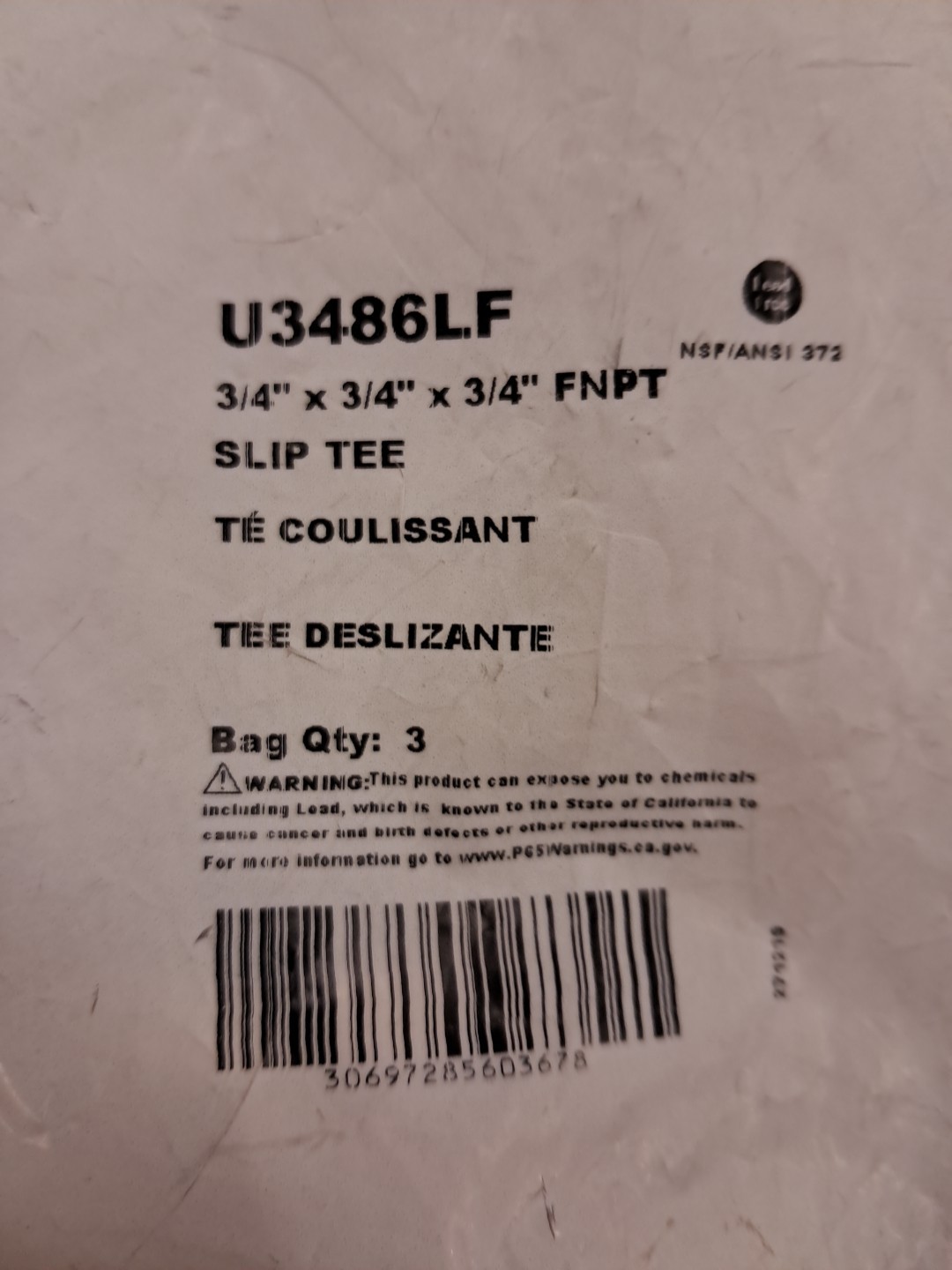 SharkBite U3486LF 3/4" x 3/4" x 3/4" FNPT Slip Tee 1ea (Read Description)