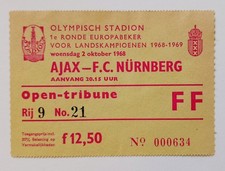 Eintrittskarte Ajax Amsterdam - 1. FC N&uuml;rnberg 02.10.1968 Europapokal