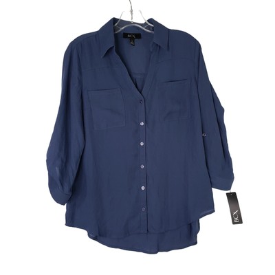 BCX Blouse Womens M Navy Blue Button-Down Roll-Tab Sleeve Professional Office