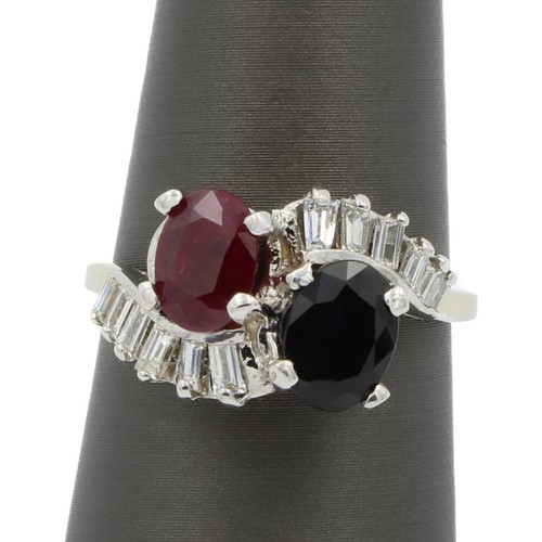 14k White Gold Midcentury Bypass Ruby Sapphire & Baguette Diamond Ring #JB413-5 - Picture 2 of 7