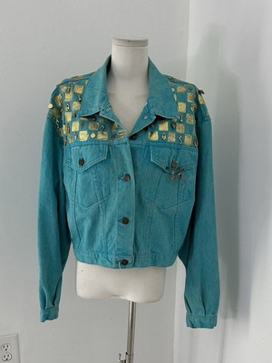 #ad Vintage 80s Punk Charm Acid Wash Blue Denim Jacket $89.00