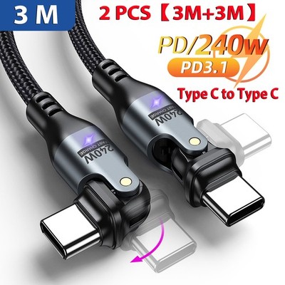 2 PCS【3M+3M】PD 240W USB C to USB C Dual Head 180° Rotation Fast Charging Cable