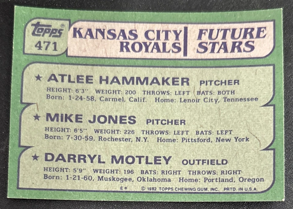 1982 Topps Royals Future Stars Atlee Hammaker Mike Jones Darryl Motley Card #471 - Image 2 of 2