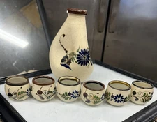 tonala mexican folk art pottery vase and 6 cups