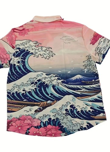 NEU Hawaii Japanisch Tattoo Wellen Knopfleiste Hemd Kurzarm Gewicht Gr. M - Bild 3 von 3