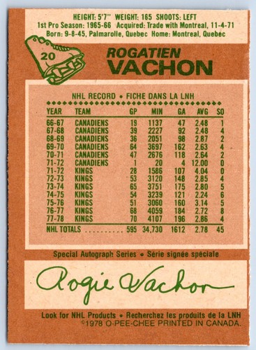 ROGATIEN VACHON 1978-79 O-PEE-CHEE 78-79 NO 20 NRMINT+ 37672 - Picture 2 of 2