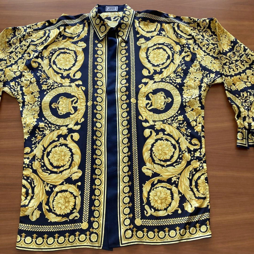 GIANNI VERSACE Vintage Logo Men's Silk Shirt #46 M Navy Gold