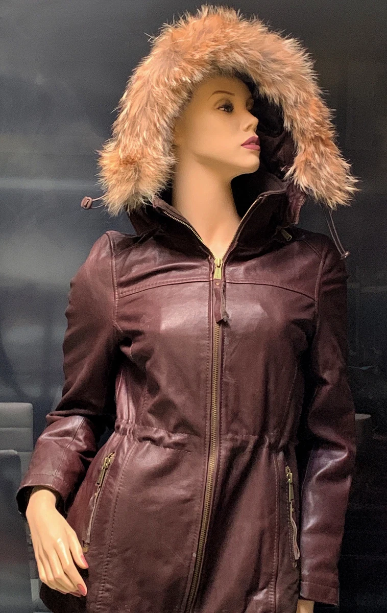 MICHAEL Michael Kors Leather Fur trim hood Jacket Sz XS Brown