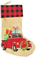 Christmas Stocking Buffalo Plaid Red Farm Truck 3D Wreath Embroidered Presents
