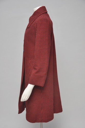 Vintage 1940s Red & Black Check Wool Coat w/ Oversized Collar Pockets Christmas - Picture 3 of 7