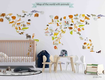 3D Cartoon World Map Wallpaper Wall Mural Removable Self-adhesive 178