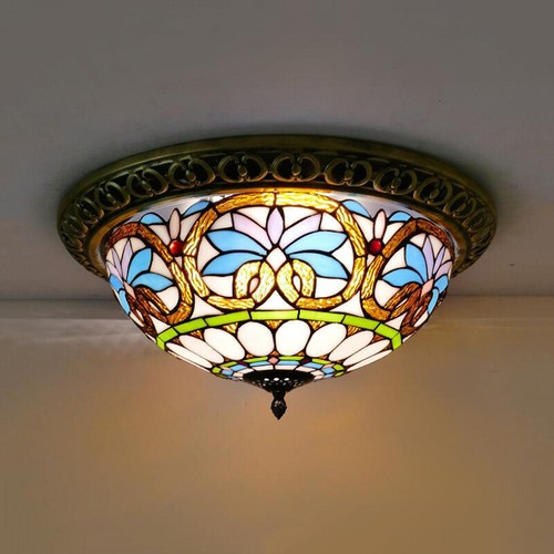 Tiffany Flush Mount Light Stained Glass Chandelier Ceiling Fixture 12'' W Round - Picture 2 of 10