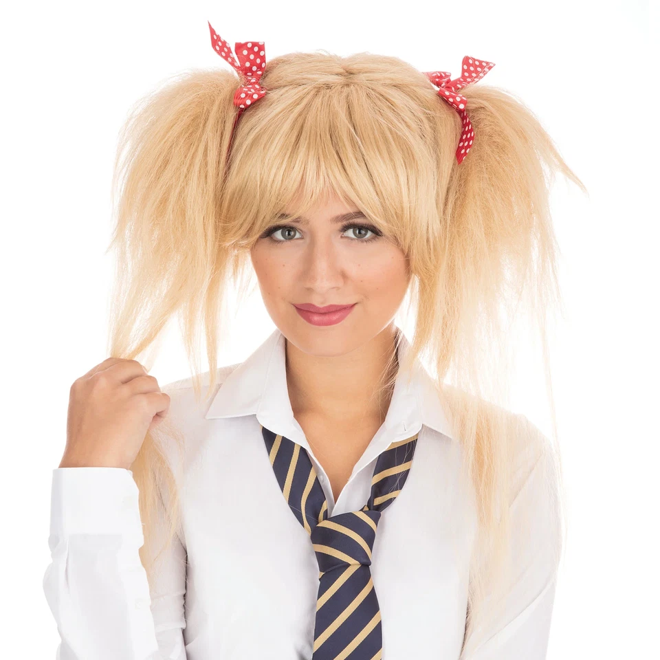RUBIES Adult Blonde School Girl Wig Red Bows Pigtail Bunches Fancy Dress Up