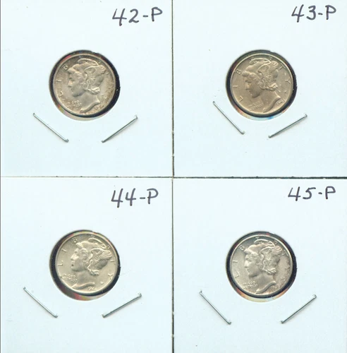 1942-P, 43-P, 44-P, & 45-P SILVER MERCURY DIMES CH/GEM BU (3G775) Clean Cheeks